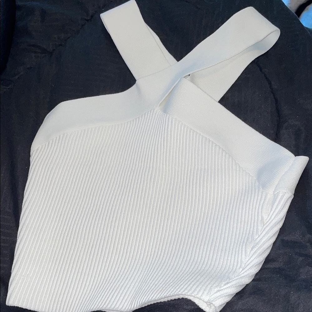 Babaton Cream Ribbed Cross-Strap Crop Top